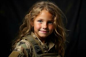 retrato de un pequeño niña en un militar uniforme. estudio disparo. ai generado foto
