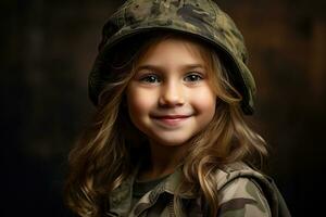 Portrait of a little girl in a military uniform. Studio shot. AI Generated photo