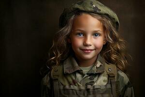 retrato de un pequeño niña en un militar uniforme. estudio disparo. ai generado foto