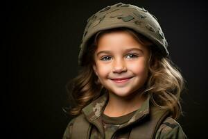 retrato de un pequeño niña en un militar uniforme. estudio disparo. ai generado foto