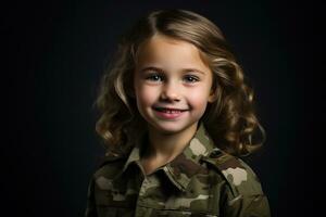 retrato de un pequeño niña en un militar uniforme. estudio disparo. ai generado foto