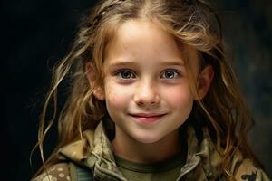 Portrait of a little girl in a military uniform. Studio shot. AI Generated photo