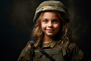 Portrait of a little girl in a military uniform. Studio shot. AI Generated photo