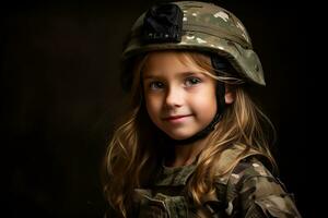 retrato de un pequeño niña en un militar uniforme. estudio disparo. ai generado foto