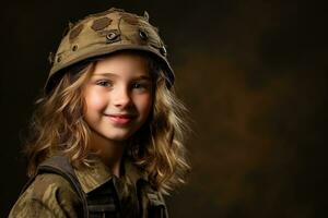 retrato de un pequeño niña en un militar uniforme. estudio disparo. ai generado foto