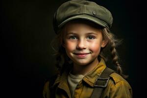 retrato de un pequeño niña en un militar uniforme. estudio disparo. ai generado foto