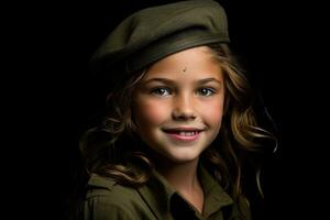 retrato de un pequeño niña en un militar uniforme. estudio disparo. ai generado foto