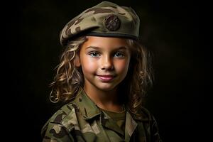 retrato de un pequeño niña en un militar uniforme. estudio disparo. ai generado foto