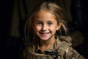 retrato de un pequeño niña en un militar uniforme. estudio disparo. ai generado foto