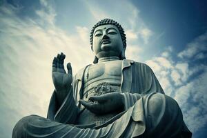 Buddha statue with blue sky and clouds background AI Generated photo