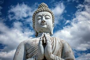 Buda estatua con azul cielo y nubes antecedentes ai generado foto