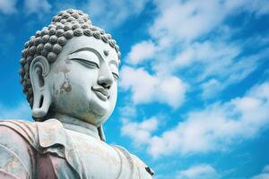 Buda estatua con azul cielo y nubes antecedentes ai generado foto