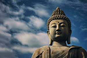 Buda estatua con azul cielo y nubes antecedentes ai generado foto