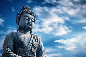 Buda estatua con azul cielo y nubes antecedentes ai generado foto