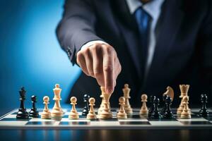 de cerca de empresario jugando ajedrez. negocio estrategia y liderazgo concepto ai generado foto