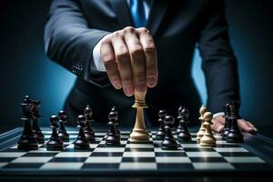 Close-up of businessman playing chess. Business strategy and leadership concept AI Generated photo