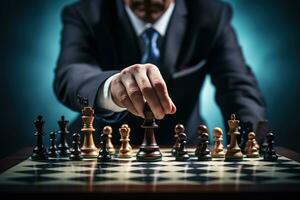 Close-up of businessman playing chess. Business strategy and leadership concept AI Generated photo
