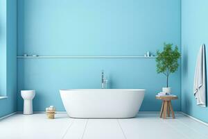 modern Bathroom interior with blue walls, tiled floor, white bathtub and round mirror photo