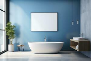 Interior of modern bathroom with blue walls, concrete floor, white bathtub standing near the window and vertical mock up poster frame photo