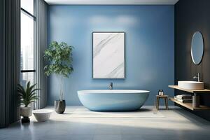 Blue bathroom interior with a tiled floor, a bathtub and a mirror photo