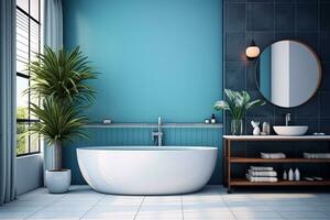 Interior of modern bathroom with blue tile walls, tiled floor, comfortable white bathtub and round mirror photo