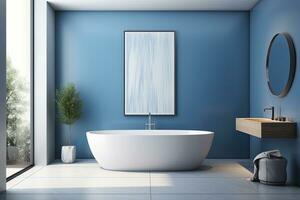 Interior of modern bathroom with blue walls, tiled floor, comfortable white bathtub and round mirror photo