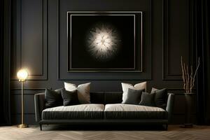 Luxury living room interior with black walls, wooden floor, black sofa with pillows and a framed picture photo