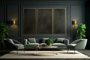 Dark living room interior with black walls, carpet on the floor, armchairs and coffee table photo