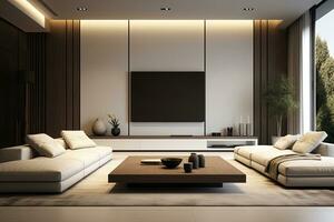 Interior of modern living room with white walls, tiled floor, comfortable sofa and tv screen on the wall photo