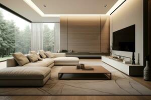 Modern living room interior with fireplace and sofa photo
