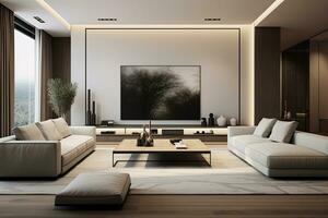 Interior of modern living room with white and brown walls, wooden floor, white sofas and tv on the wall photo