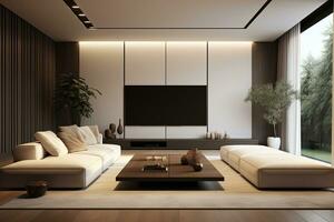 Interior of modern living room with brown walls, wooden floor, white sofa and tv screen photo