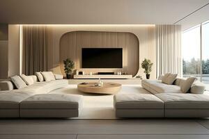 Interior of modern living room with white and wooden walls, tiled floor, comfortable sofa and tv set photo