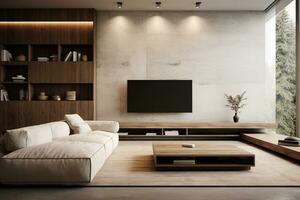 Interior of modern living room with wooden walls, concrete floor, comfortable sofa and TV on the wall photo