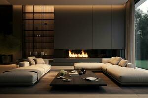 Modern living room interior design with fireplace and sofa photo