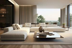 Interior of modern living room with wooden floor, panoramic window and sofa photo