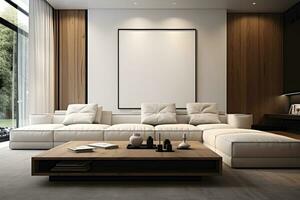 Modern living room interior with white sofas, coffee table and poster on wall photo