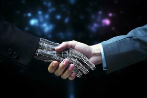 Close up of human hand and robot shaking hands against bokeh background ai generated photo