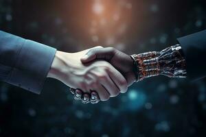 Close up of human hand and robot shaking hands against bokeh background ai generated photo