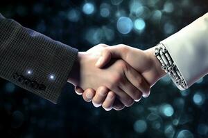 Close up of human hand and robot shaking hands against bokeh background ai generated photo