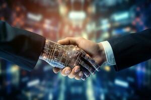 Close up of human hand and robot shaking hands against bokeh background ai generated photo