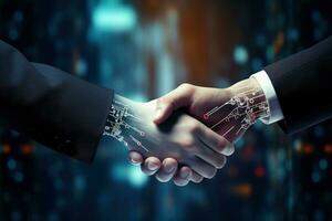 Close up of human hand and robot shaking hands against bokeh background ai generated photo