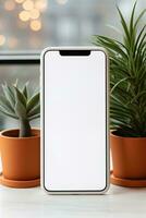 Mockup smartphone with blank screen on table with green plant AI generated photo