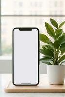 Mockup smartphone with blank screen on table with green plant AI generated photo