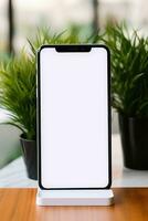 Mockup smartphone with blank screen on table with green plant AI generated photo