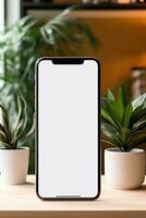 Mockup smartphone with blank screen on table with green plant AI generated photo