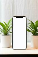 Mockup smartphone with blank screen on table with green plant AI generated photo