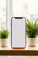 Mockup smartphone with blank screen on table with green plant AI generated photo