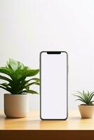 Mockup smartphone with blank screen on table with green plant AI generated photo