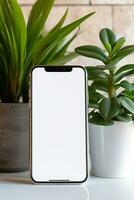 Mockup smartphone with blank screen on table with green plant AI generated photo